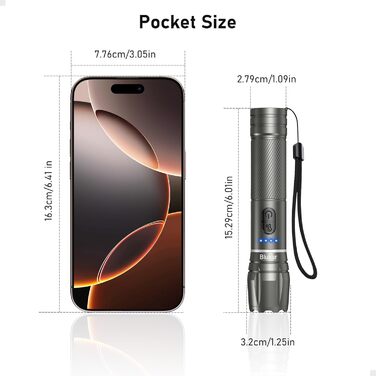 LED ліхтарик Blukar з регулюванням температури світла, 2000L, зум, 10 режимів, вологостійкий, для кемпінгу та активного відпочинку (сірий)