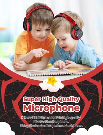 iClever Бездротові навушники для дітей з LED-підсвіткою, Over-Ear, Bluetooth 5.2, мікрофон, BTH12 (Чорний/Червоний)