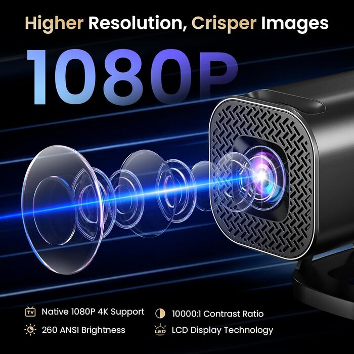 Міні проєктор Beamer 4K 1080p з Android 12.0, WiFi 6, Bluetooth 5.4, 22000 люмен, автокорекція трапецеїдальних спотворень, поворот 270°, підключення PC/HDMI/USB/TF, сірий