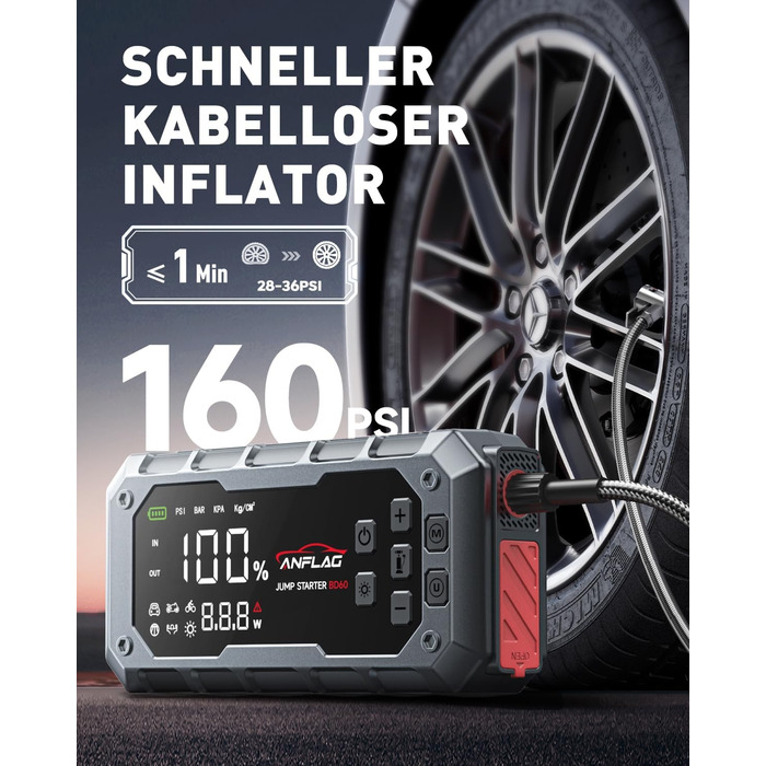 Портативний акумулятор Starthilfe ANFLAG 7000A 26800mAh з компресором 160PSI для автомобілів, підтримка бензинових та дизельних двигунів (14.0L), PD65W, LED-ліхтар
