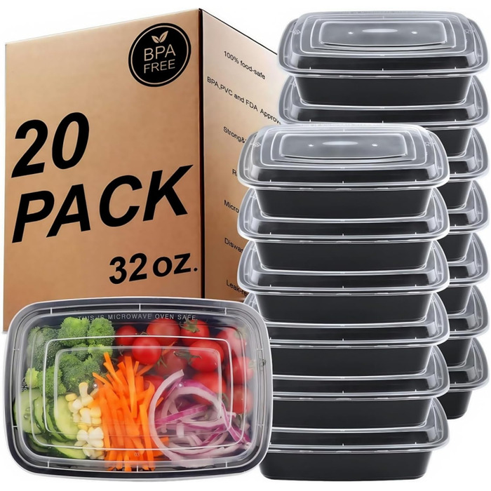 Контейнери для їжі Meal Prep, 20 шт., 32 oz (946 мл), 1 відсік, BPA Free, для зберігання, морозильника, мікрохвильовки та мийки посуду