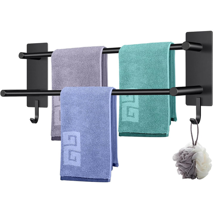 Тримач для рушників без свердління, 60 см, самоклеючий, з гачками, нержавіюча сталь, вологостійкий, для ванної кімнати та кухні (Чорний, 40 см)