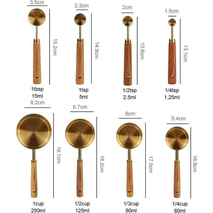 Measuring cups and spoons with wooden handles, 8-piece set, coffee bar scale, kitchen accessories (Gold)