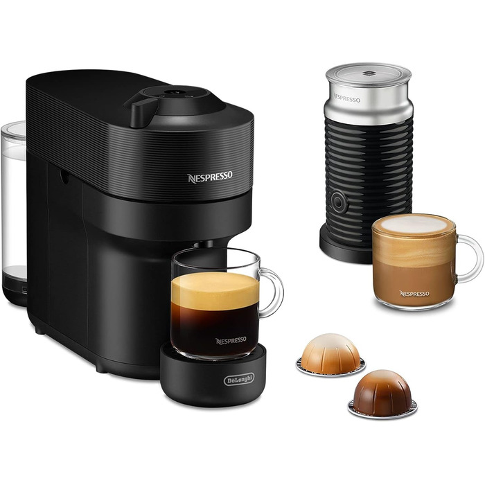 Кавомашина Nespresso Vertuo Pop ENV90.P з функцією Cold Brew, Bluetooth та Wi-Fi, 4 розміри чашок, в комплекті Aeroccino та подарунковий набір, Liquorice Black