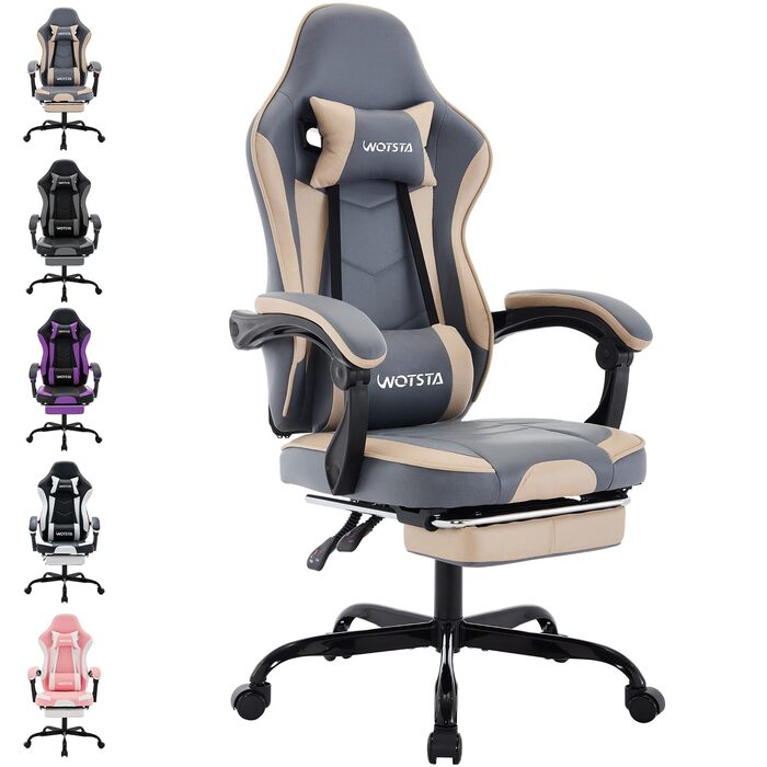 Геймерське крісло Ergonormic з підставкою для ніг, регульованою підтримкою спини, темно-сіре (синьо-бежеве)