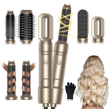 Фен-щітка 6 в 1 Airbrush Pro - професійний набір для укладки волосся | 1000W, круглі щітки, керлер, щітка для термоукладки, фен-щітка, фен, випрямляч | Для всіх типів волосся - блакитний (елегантне золото)