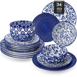 Набір мюслі-тарілок Vancasso (6 шт.) з порцеляни, 720 мл – 6 тарілок з кераміки з вінтажним дизайном блакитно-білого кольору, підійдуть для мюслі, салату, супу, рамену, фруктів або десерту, серія SELENE (36 шт.)