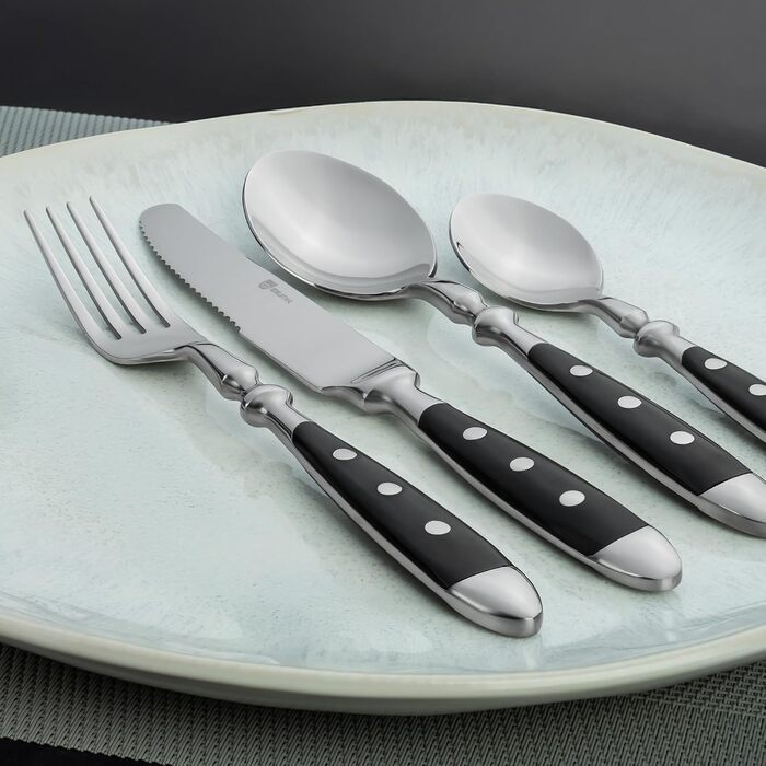 GRÄWE Stainless Steel Cutlery Set for 6 People, Heavy, Rustic, Flatware Set 24-Piece, Forged Cutlery with Black Handles - Nuremberg Series