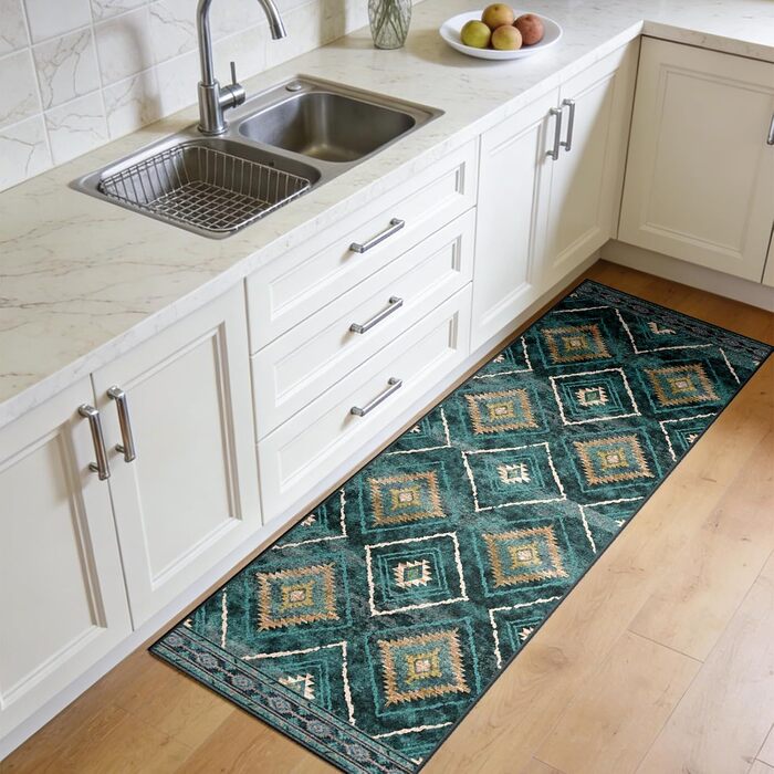 Килимок-довгий (60x300 см) для прихожого, кухні, вітальні та офісу. Нековзкий, з коротким ворсом, миючий, складаний, у стилі бохо, чорно-білий, petrolgrün