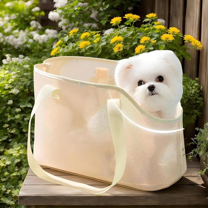 Сумка-переноска для собак і котів, літня, дихаюча сітка, пляжна сумка, переноска для цуценят, м'яка, складана, для подорожей на відкритому повітрі (жовта, M)
