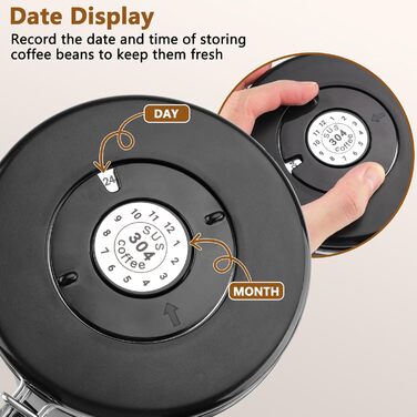 Герметичний контейнер для кави, 1.8L, нержавіюча сталь 304 з датою розкриття та мірною ложкою для кави, зерен, чаю, борошна, зерна та цукру (Білий)