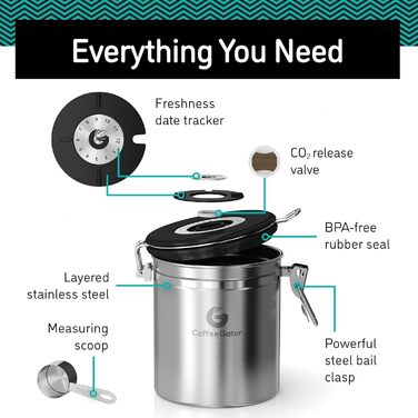 Кавова банка Coffee Gator з CO2 клапаном та дозатором, сірий колір, великий розмір