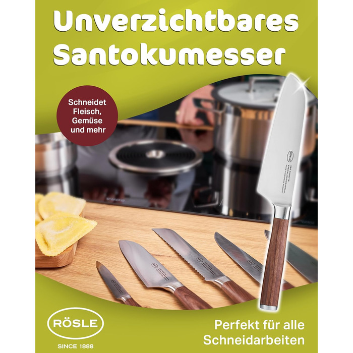 Кухонний ніж Santoku RÖSLE Masterclass 17 см, сталь, дерев'яна ручка, для м'яса, риби та овочів