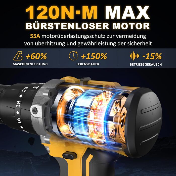 Акумуляторний ударний дриль-шуруповерт 21V - 120Nm безщітковий, комплект з 2 акумуляторами 4Ah, 20+3 ступені крутного моменту, патрон 13 мм, 2 швидкості, 35-елементний набір аксесуарів