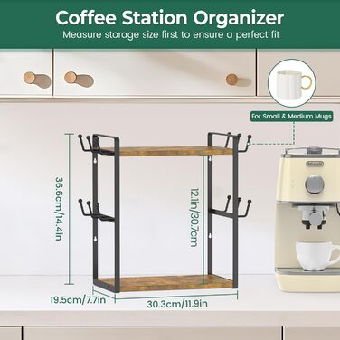EsLuker.ly 2-Tier Mug Holder and Cup Stand, Mug Rack for Coffee Cups, Coffee Organizer for Countertop, Coffee Station Organizer with Mug Holder, Vintage Brown-Black