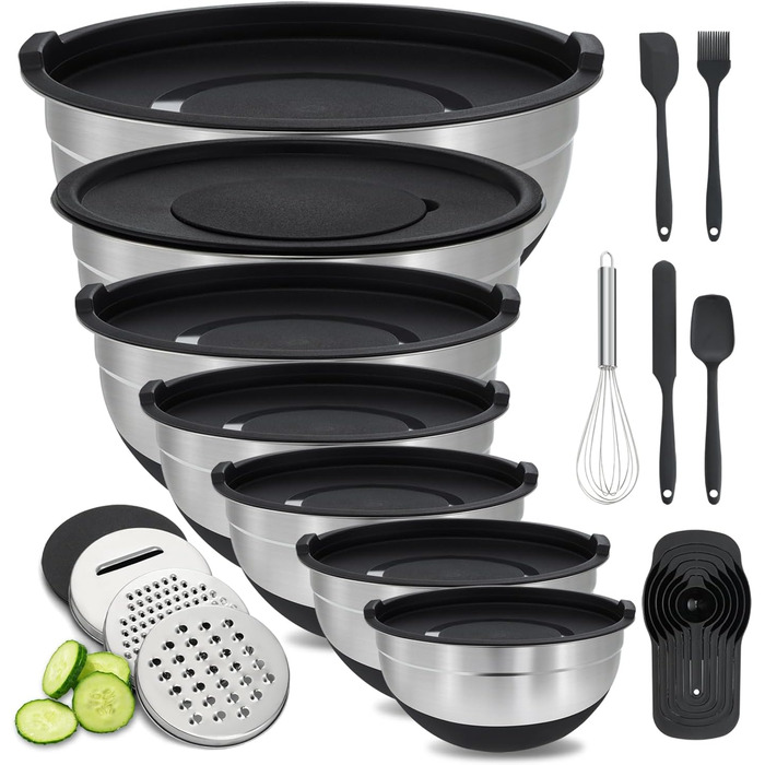 BEWOS 7-Piece Mixing Bowls with Lid, Stainless Steel Mixing Bowls with Grater, Nesting Design & Non-Slip Bottom Mixing Bowl, Sizes 4.5, 4, 3.5, 2.1, 1.5, 1.1, 0.7 Qt for Mixing & Serving