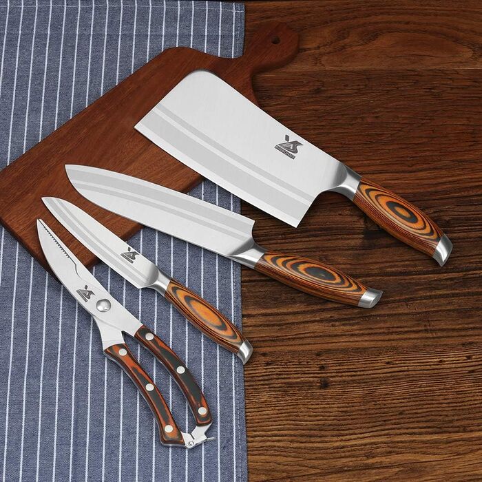 Набір кухонних ножів MSY BIGSUNNY 4 шт. (Ніж для нарізки, Сантоку, Універсальний ніж, Ножиці для птиці) - Німецька сталь, Азіатський дизайн