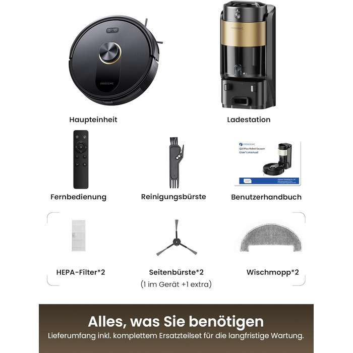 Робот-пилосос Proscenic Q20Plus з функцією миття, 10000Pa, 200хв, бездротовий, з автоматичним випорожненням, 3-в-1 для шерсті тварин, килимів та твердих поверхонь, чорний