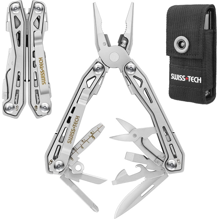 Мультитул Swiss+Tech 16 в 1: мультифункціональний інструмент з нержавіючої сталі з ножем, відкривачкою та кліпсою для ременя. Ідеально для кемпінгу та ремонту. З чохлом (Срібний)