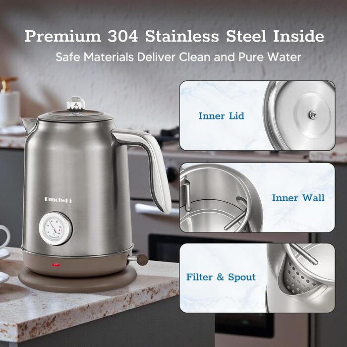 Електричний чайник з нержавіючої сталі з термоіндикатором, 1.7 л, Vintage, з автовимкненням та захистом від сухого кипіння – ідеальний для чаю та кави в сім'ї (Chrome)