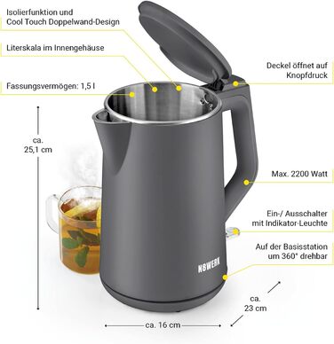 Електричний чайник з подвійними стінками Nordic Grey, 1.5 л, бездротовий, 2200 Вт, 360° обертання