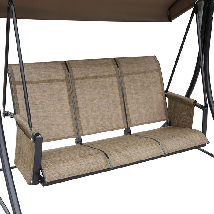 Outsunny Hollywood Swing with Side Pocket, 3-Seater Garden Swing with Adjustable Sunshade, Swing Bench Load Capacity up to 300kg, for Garden, Terrace, 196 x 128 x 172 cm, Brown | Aosom