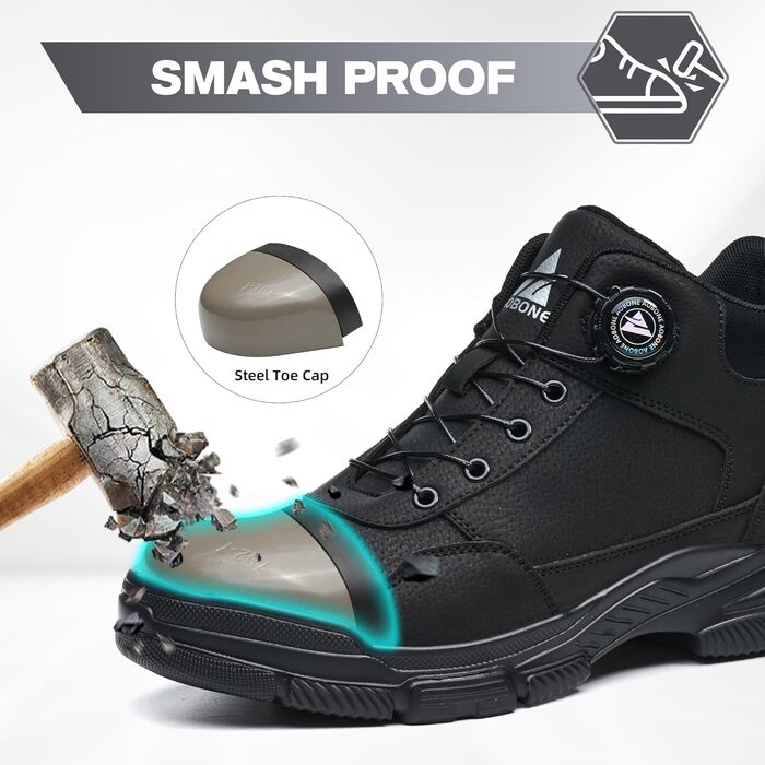Черевики безпеки для чоловіків та жінок. Легкі, водонепроникні робочі черевики з металевим підноском та поворотним закриттям. Розмір 44 EU, чорний колір.