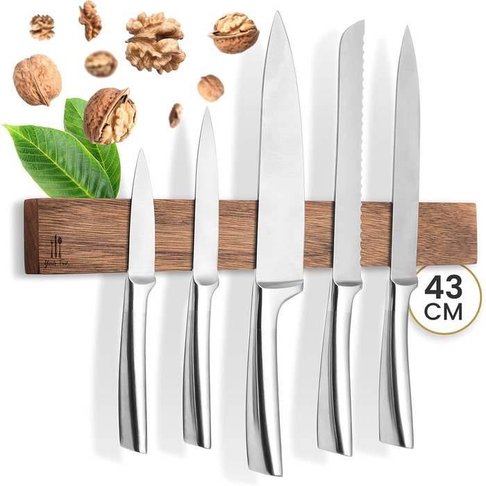 Magnetic Knife Strip, Wood, Self-Adhesive, No Drilling Required - XL Knife Strip for up to 10 Knives - 43x6.2cm - [ROCK SOLID] - Magnetic Knife Block made of Walnut Wood for the Kitchen - Magnetic Knife Holder