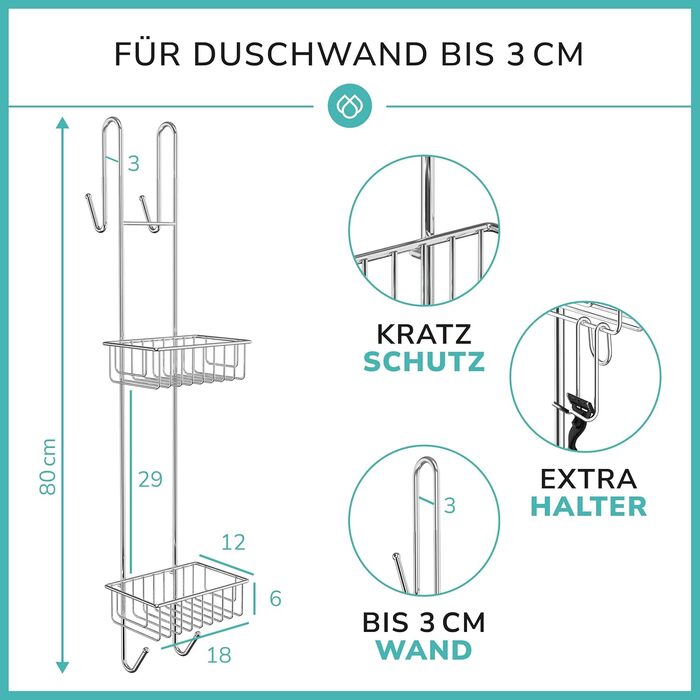 LAAKFELD Hanging Shower Shelf with 3-Layer Anti-Rust Protection incl. Free Razor Holder - 80cm Hanging Shower Shelf for Shower Walls up to 3cm - Hanging Shower Basket without Drilling - Hanging Shelf for Shower