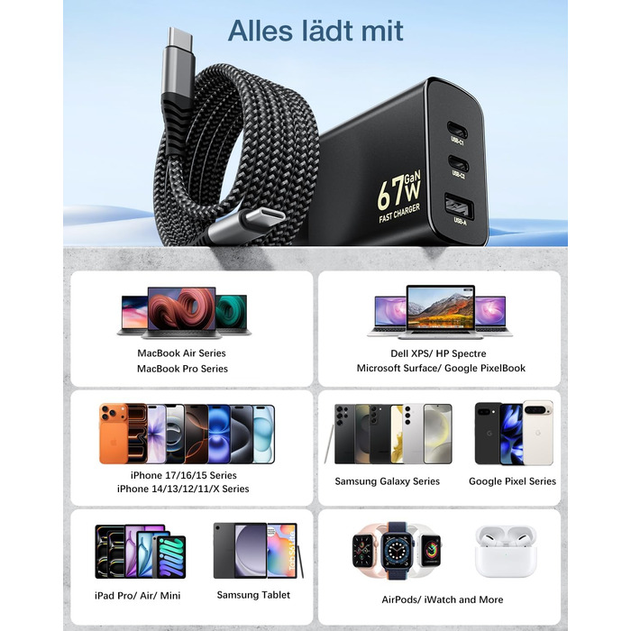 Зарядний пристрій USB-C 67W 3-Port PD PPS для MacBook, iPhone, Samsung Galaxy, iPad, Pixel - Чорний