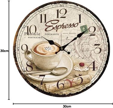 YOAI Wall Clock Kitchen Clock Vintage Shabby CHIC Antique Nostalgia Rustic Quartz Clock made of MDF with silent movement, 12 inch/30CM Ø (Coffee)