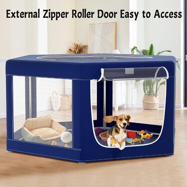 Клітка для собак шестигранна, 114 см, з м'якою обшивкою з 600D Oxford, стабільна конструкція з нержавіючої сталі, 65,6 см у висоту, для малих та середніх собак, блакитна