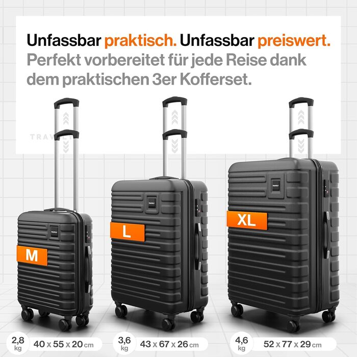 Набір валіз Travely з полікарбонату (77см, 67см, ручна поклажа), чорний, з TSA замком
