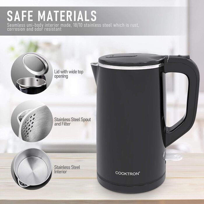 Електричний чайник Cooktron з нержавіючої сталі, 1.7л, тихий (<30дБ), без BPA, Cool Touch, подвійні стінки, швидке нагрівання, чорний