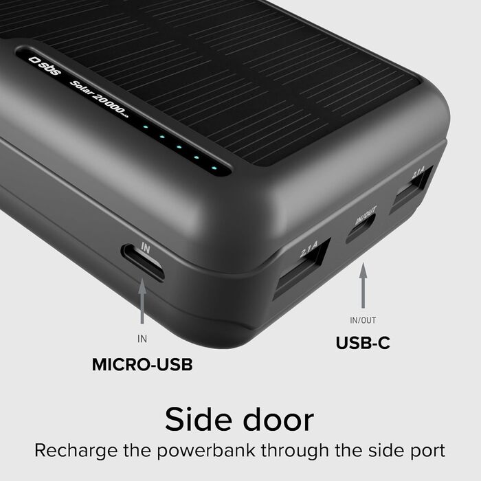Powerbank SBS Solar 20000mAh з сонячною панеллю, швидкою зарядкою, LED-індикатором, USB-C, USB-A, чорний