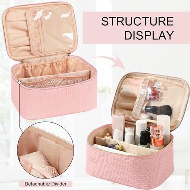 Жіноча косметичка для подорожей, водонепроникна, з відділенням для пензлів, з PU шкіри, велика, органайзер, сумка для макіяжу (Хвилястий зелений) (Світло-рожевий)