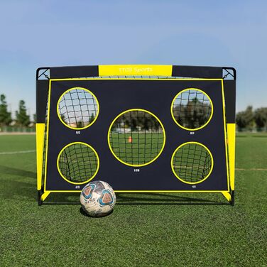 TTCB Sports 2-in-1 Kids Soccer Goal - Outdoor Football Goal with 5 Target Zones, Pop Up Soccer Goal Net & Carry Bag, Ideal for Football Training Equipment or Gifts for Boys (Yellow, 90x90x120cm)