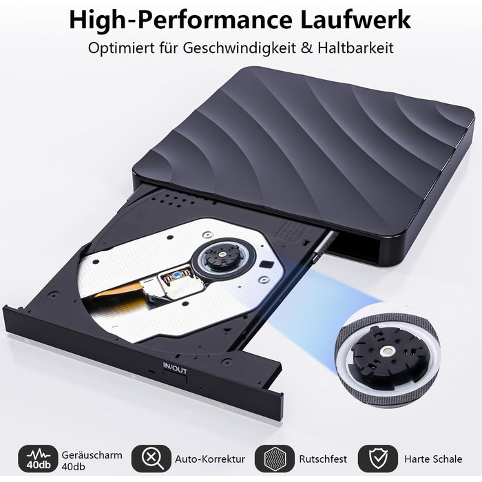 Зовнішній DVD-CD привід USB: DVD-рекордер та плеєр для ноутбука та ПК, оптичний накопичувач +/-RW ROM, сумісний з Windows 11/10/8/7, Linux, MacOS, чорний