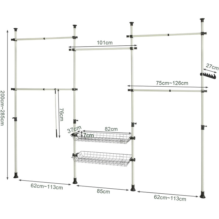 SoBuy KLS04-SCH Telescopic Clothing Rail Clothes Rack with 5 Clothes Rails and 2 Baskets Telescopic Wardrobe System Adjustable Shelving System B (209-311) x H (200-285) cm (White)