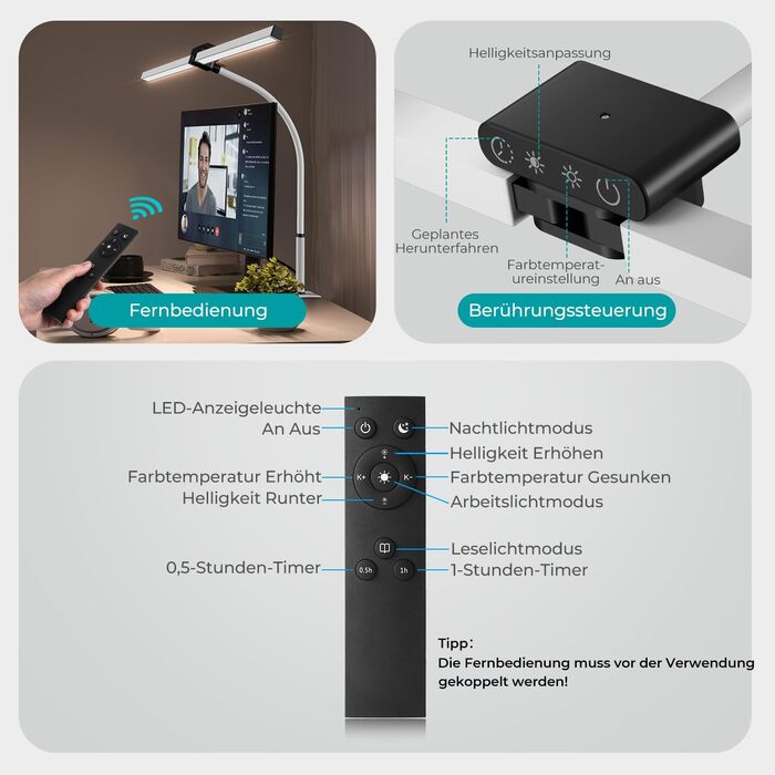 LED лампа для столу Doppelkopf з регулюванням яскравості 24W, 80 см, для офісу та дому, з кліпсою, захист очей, денне світло, з пультом керування, 5 кольорів, 5 рівнів яскравості, офісна лампа