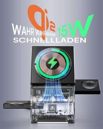 ZEEHOO Зарядна станція 3 в 1 для Apple MagSafe, iPhone 16/15/14/13/12, Apple Watch та AirPods (30W USB-C), Чорний