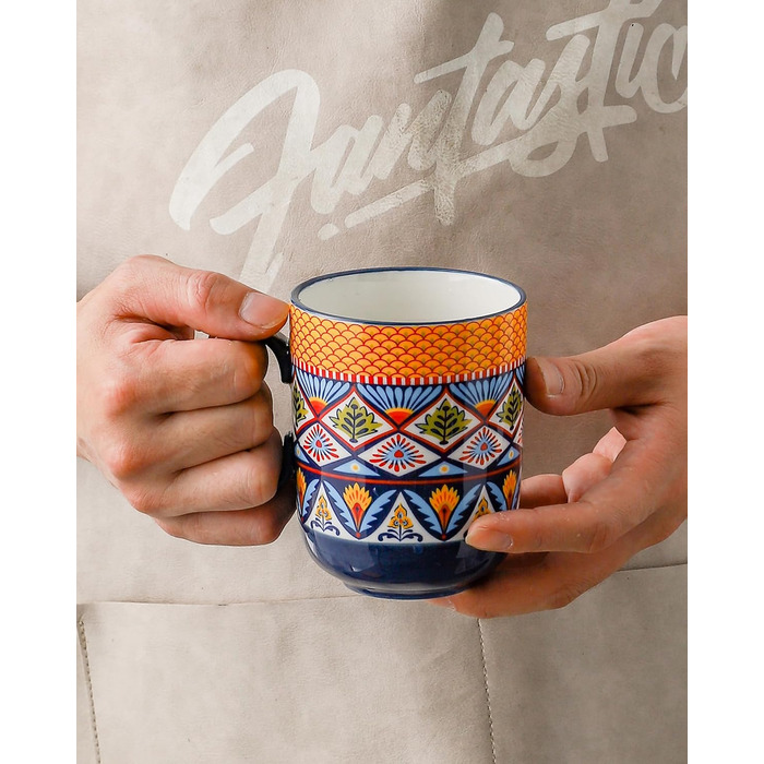 HENXFEN Ceramic Coffee Mugs, 410ml Coffee Cups Set with Handle, Porcelain Mugs for Tea Coffee Milk Cappuccino, Colorful, 6-Pack - Bohemian Style