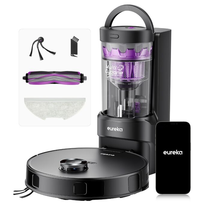 Робот-пилосос Eureka E20 Evo Plus з функцією миття та автопорожненням, 10000 Па, для твердих підлог та килимів, білий (чорний)
