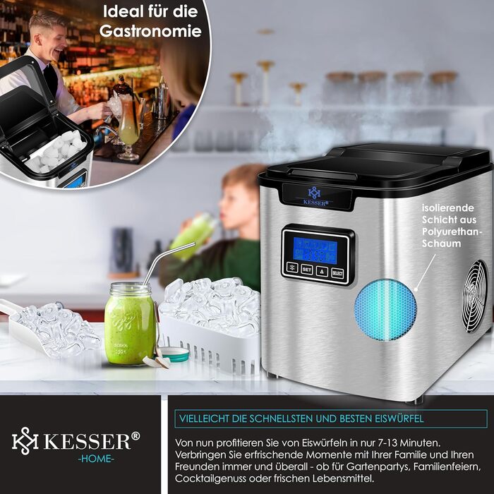 Машина для приготування льоду KESSER® з нержавіючої сталі, 150W, 12 кг/24 год, 3 розміри кубиків, таймер, LCD-дисплей, аксесуари