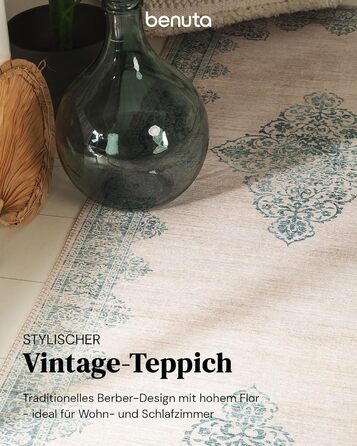 benuta pop Laury Rug - Synthetic Fiber - Rectangular & in Vintage Style - Easy to Care For for Living Room, Bedroom, Turquoise, 200x300 cm 200 x 300 cm (Rectangular) Turquoise
