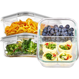 Набір контейнерів для їжі Vtopmart (15 шт.) з кришкою, скляні, для мікрохвильової печі, морозильника та посудомийної машини, з роздільниками (3 шт. з роздільниками)