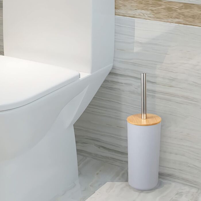 Набір для ванної кімнати MisFox з бамбука (6 шт): диспенсер для лосьйону, сміттєвий бак, тримач для зубних щіток, стаканчик, щітка для унітазу, мильниця (сірий)