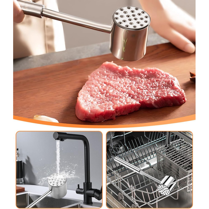 Fleischhmmer Bixury 27 см з нержавіючої сталі: подвійний молоток для м'яса з ребристою поверхнею для шніцелів, котлет, стейків, яловичини, свинини, курки (срібний)