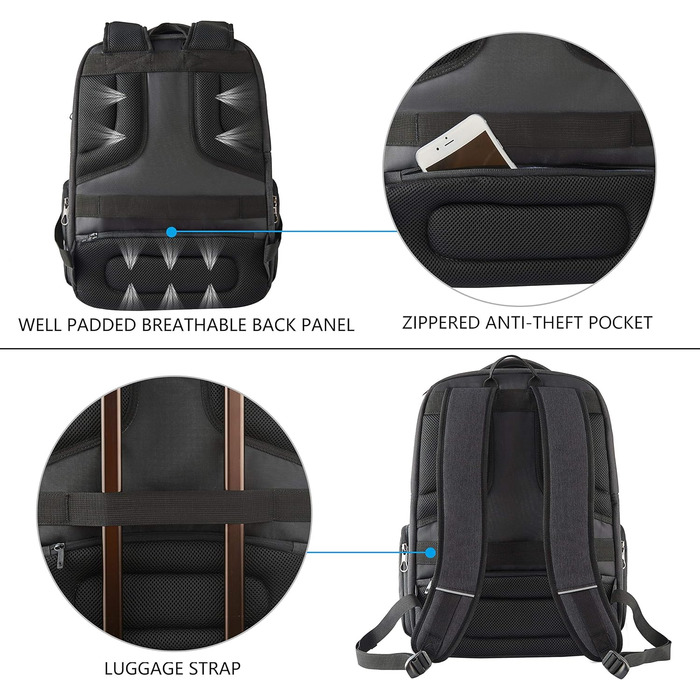 Рюкзак для ноутбука KROSER 17.3'' - бізнес, шкільний, для подорожей. З USB та RFID-кишенями (чорний)