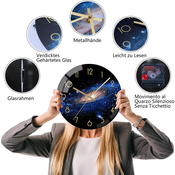 VIKMARI Glass Wall Clock Silent-Non Ticking Wand Clocks - Quality Quartz Battery-Operated Round 12 Inch (Night Sky Pattern)